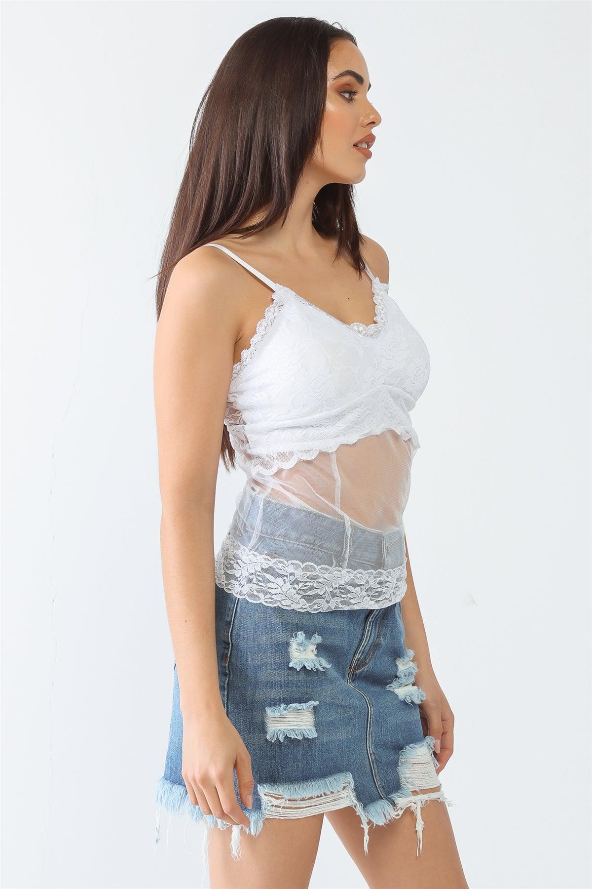 White Sheer Mesh Lace Sleeveless Push-Up Bustier Top /5-5