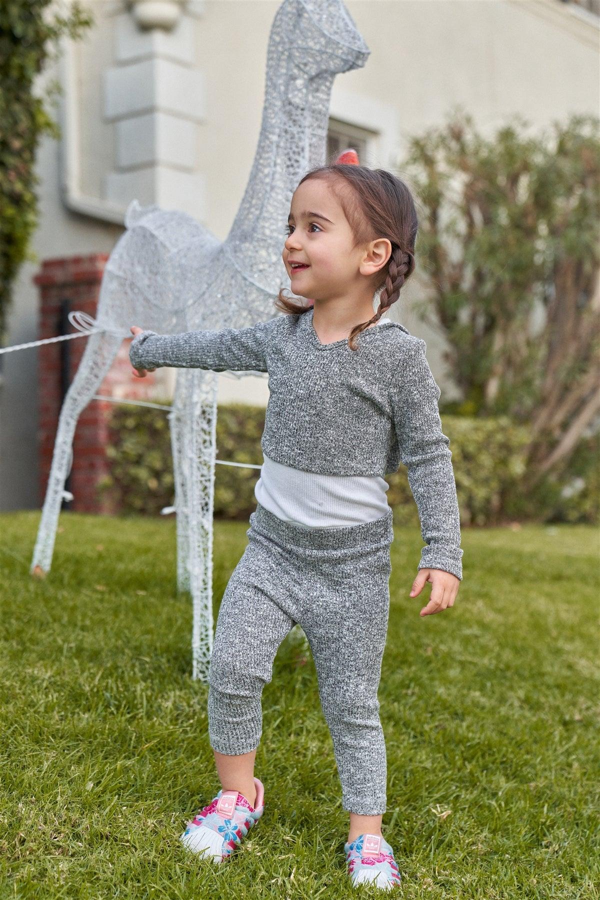 Girls Heather Grey Long Sleeve V-Neck Hooded Cropped Top & High-Waisted Skinny Pants Two Piece Set /1-1-2-1-1