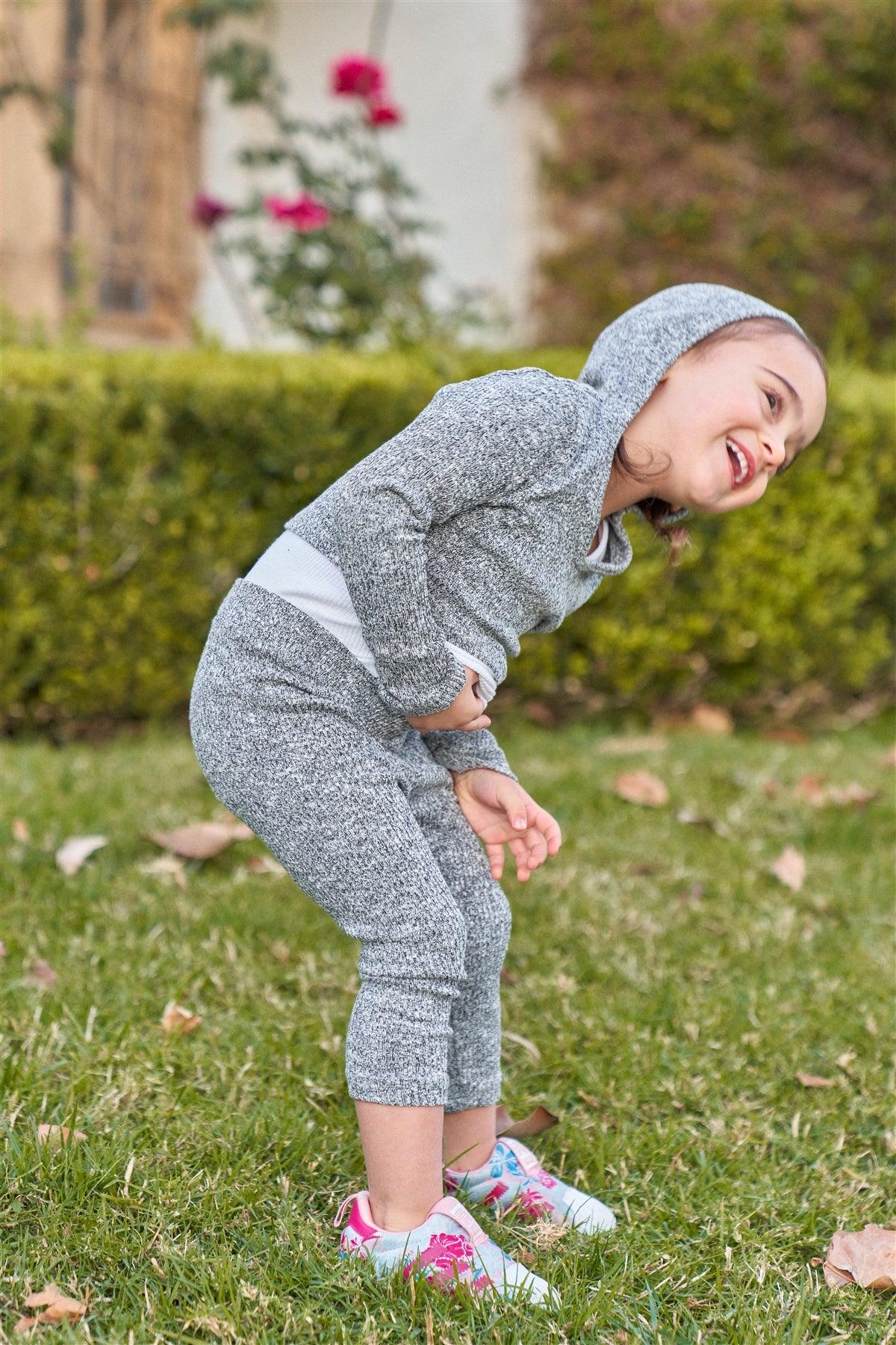 Girls Heather Grey Long Sleeve V-Neck Hooded Cropped Top & High-Waisted Skinny Pants Two Piece Set /1-1-2-1-1