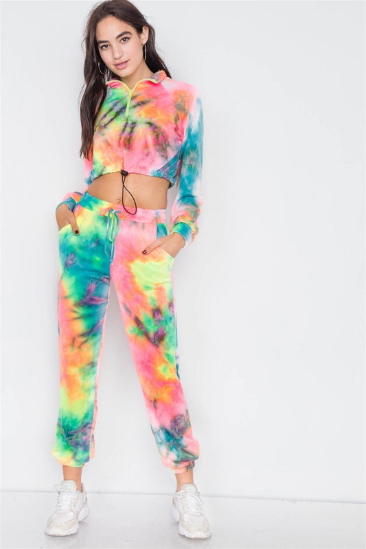 Neon Multi Crop Zip Sweater & Sweat Pant Two Piece Set /3-2-1