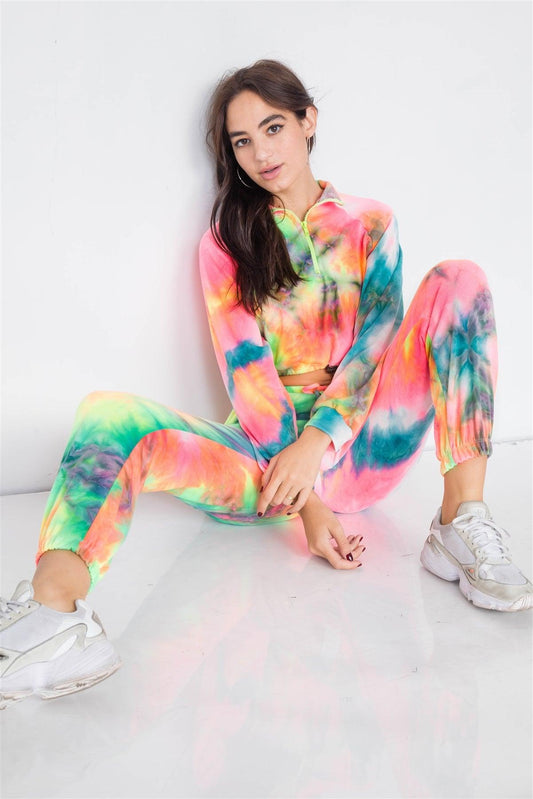 Neon Multi Crop Zip Sweater & Sweat Pant Two Piece Set  /4-2-1