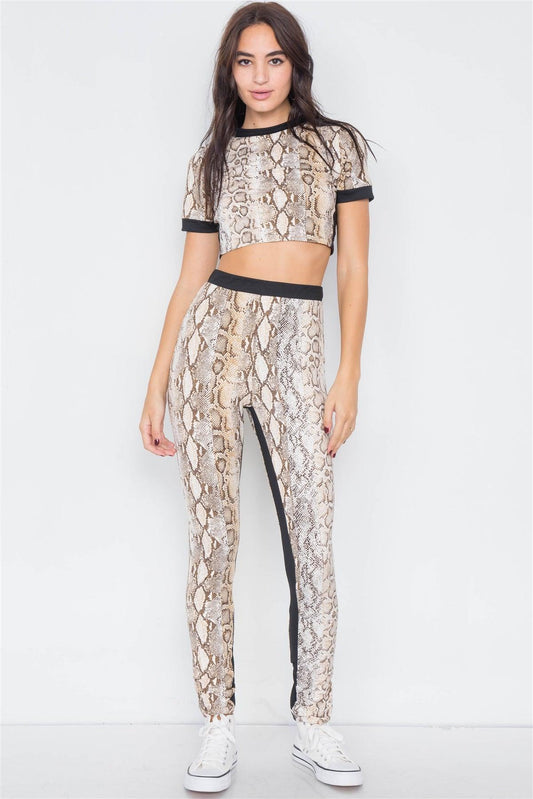 Camel Snake Print Black Trim Crop Top & Leggings Set /3-2-1