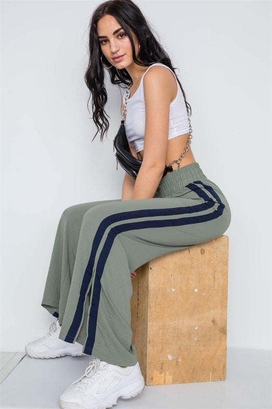 Olive Contrast Trim Side Slit Wide Leg Casual Pants /2-2-1