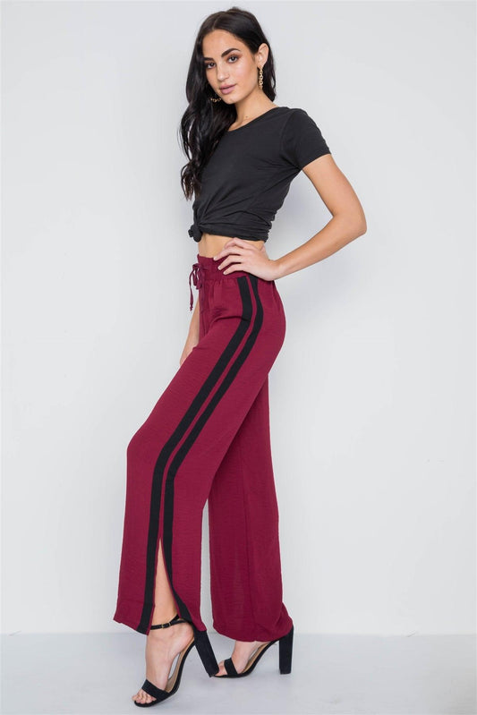 Contrast Trim Side Slit Wide Leg Casual Pants