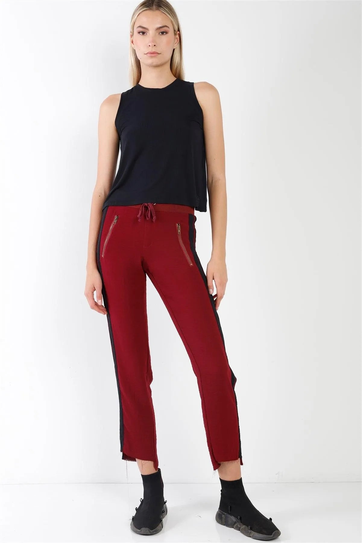 Wine Contrast Trim Raw Hem Casual Sporty Pants /2-2-1 - Tasha Apparel Wholesale