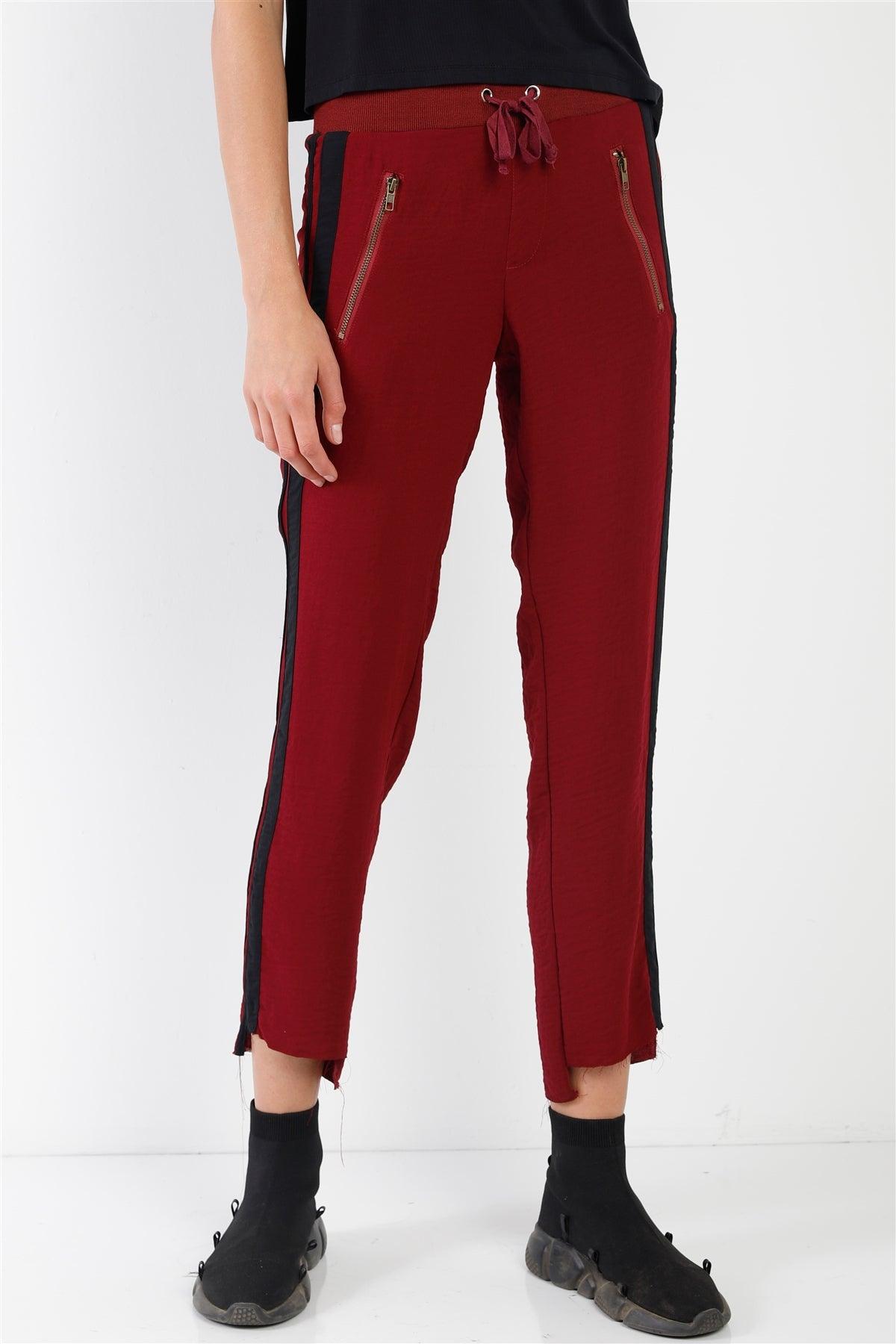 Wine Contrast Trim Raw Hem Casual Sporty Pants /2-2-1 - Tasha Apparel Wholesale