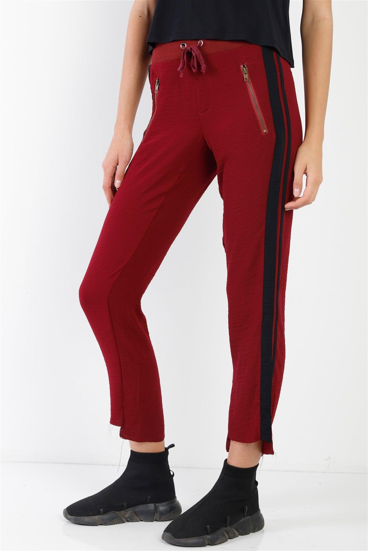 Wine Contrast Trim Raw Hem Casual Sporty Pants /2-2-1 - Tasha Apparel Wholesale