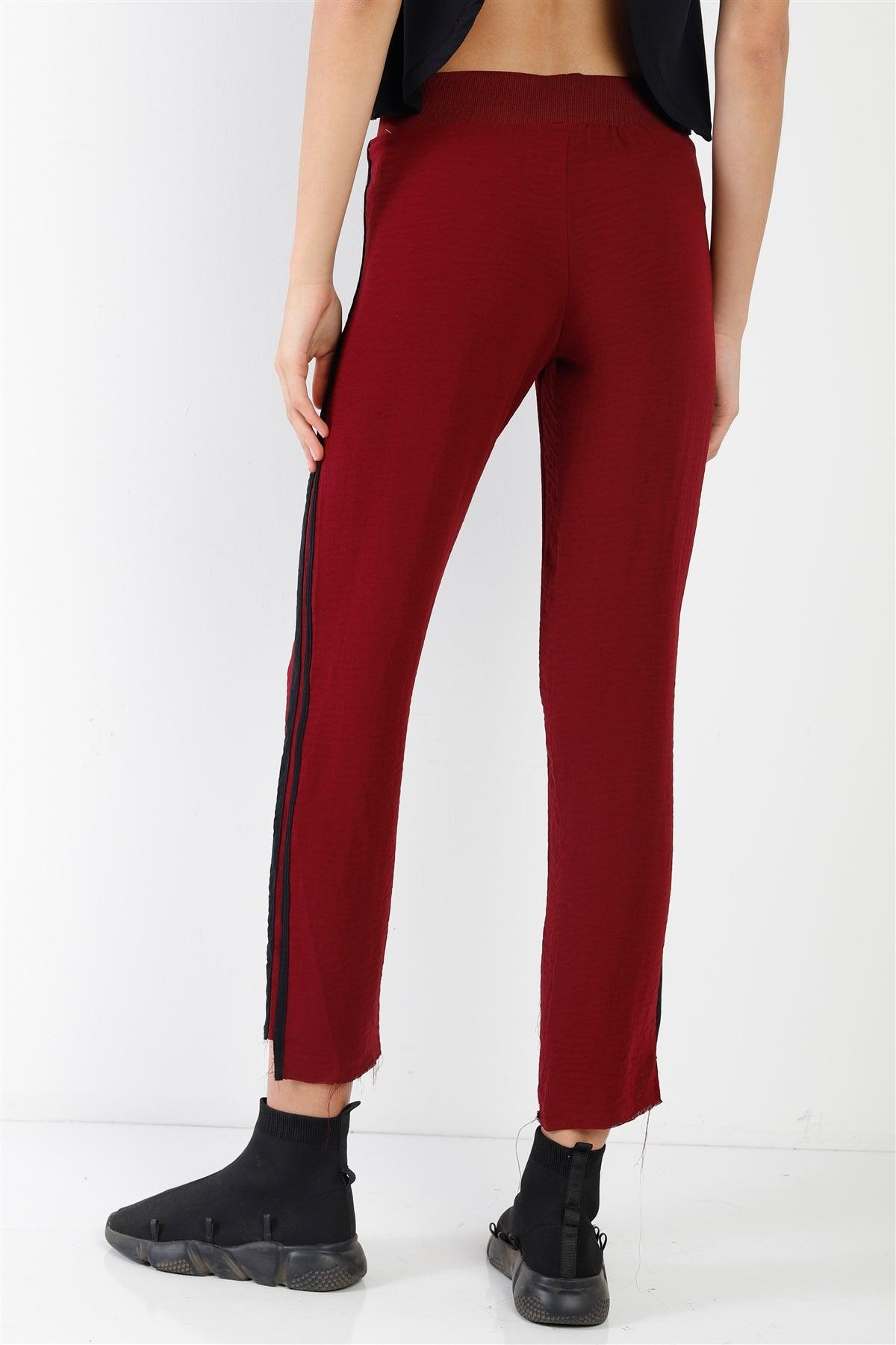 Wine Contrast Trim Raw Hem Casual Sporty Pants /2-2-1 - Tasha Apparel Wholesale