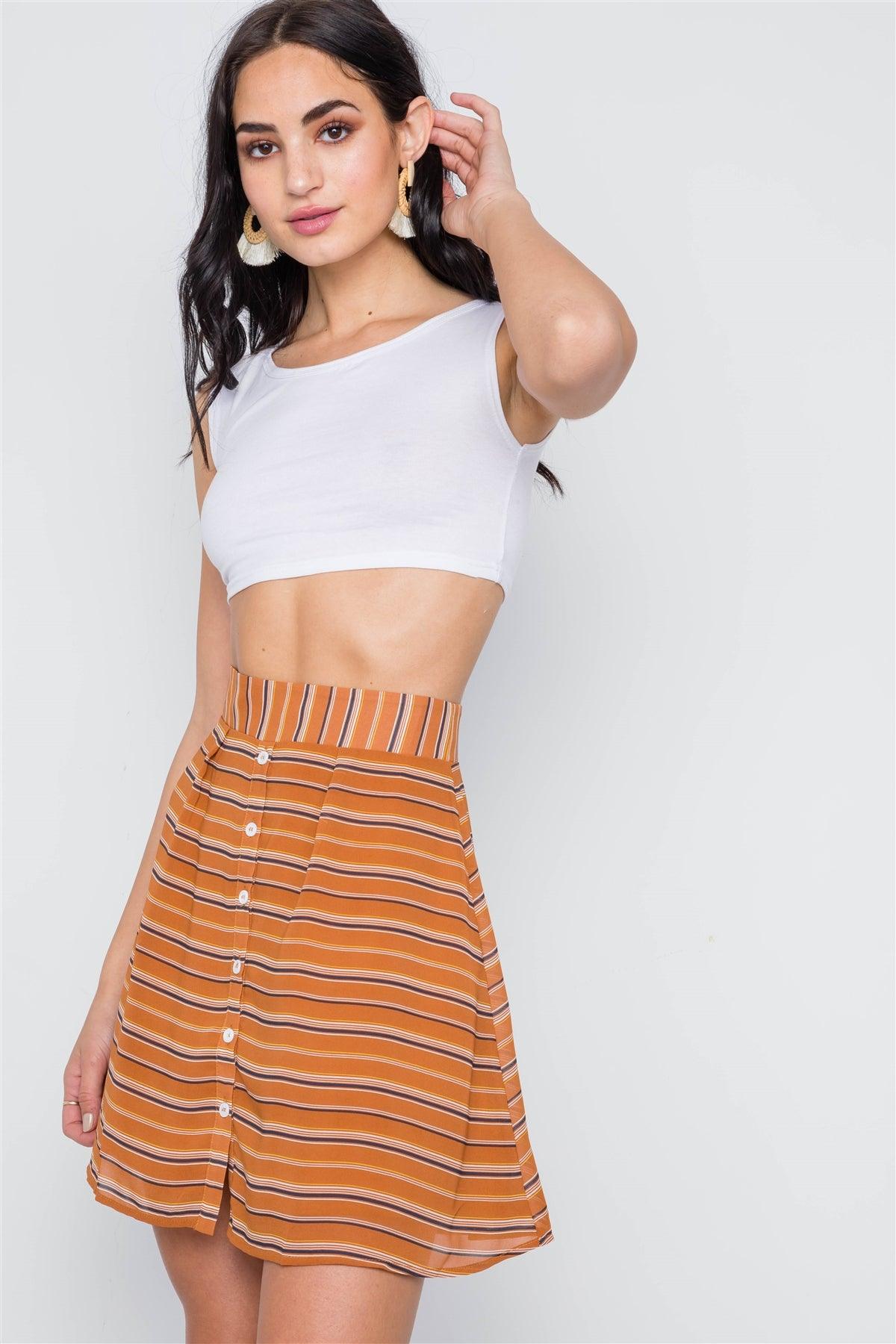 Caramel Stripe Button Down High Waist Retro Mini Skirt /3-2-1