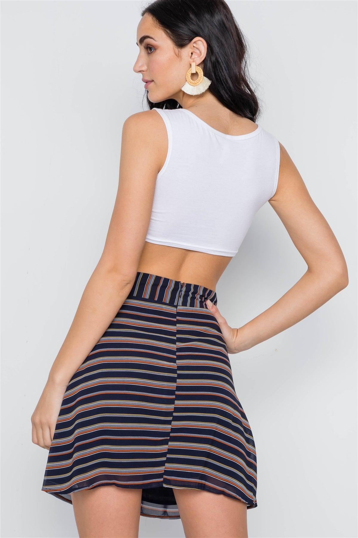 Navy Stripe Button Down High Waist Retro Mini Skirt /3-2-1