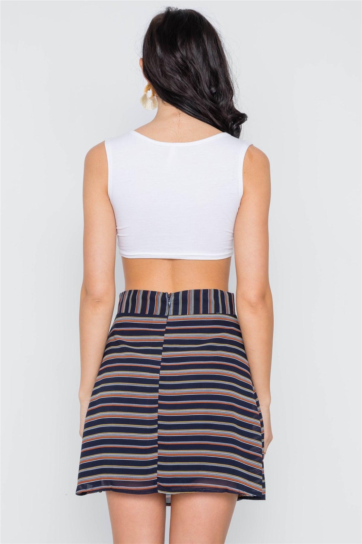 Navy Stripe Button Down High Waist Retro Mini Skirt /3-2-1