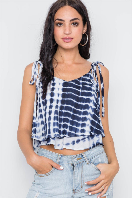 Navy Tie Dye Self Tie Cami Straps Crop Top Top /2-2-1