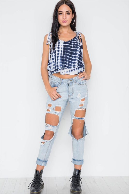 Navy Tie Dye Self Tie Cami Straps Crop Top Top /3-2-1