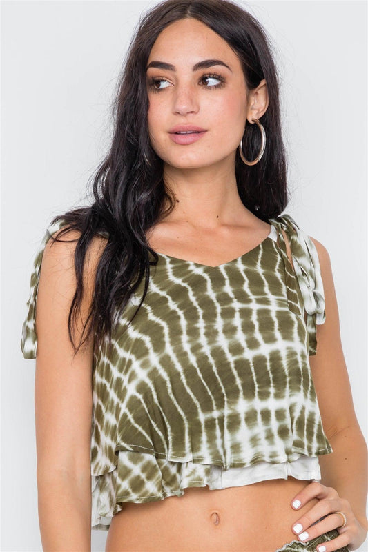 Olive Tie Dye Self Tie Cami Straps Crop Top Top /2-2-1