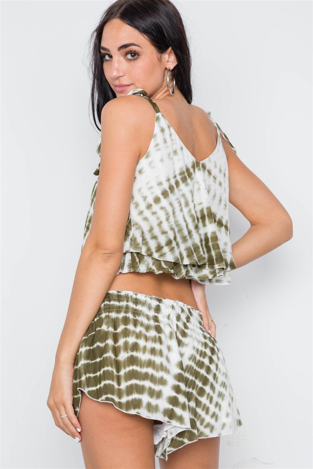 Olive Tie Dye Self Tie Cami Straps Crop Top Top /2-2-1