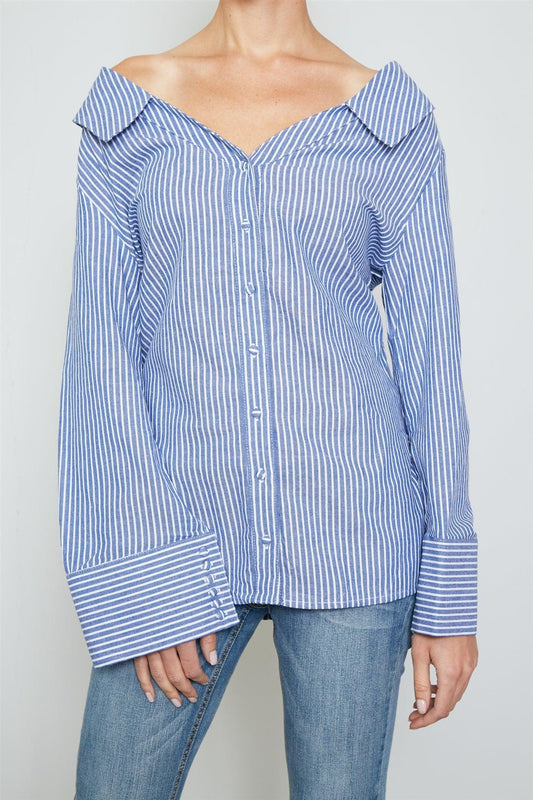 Blue Tie Back Striped Off The Shoulder Shirt /2-2-1