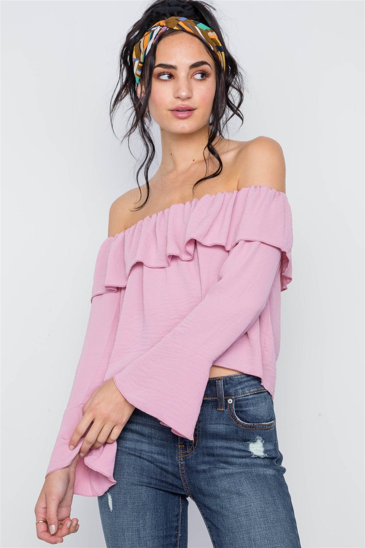 Blush Off-The-Shoulder Bell Sleeve Crop Top /3-2-1