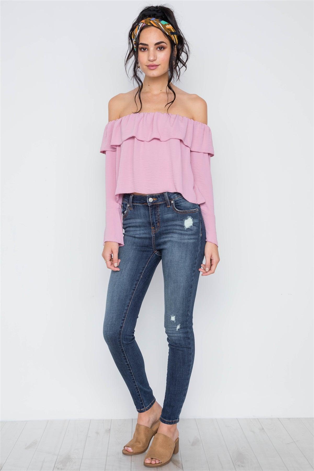 Blush Off-The-Shoulder Bell Sleeve Crop Top /3-2-1