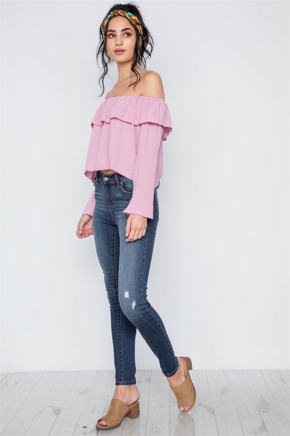 Blush Off-The-Shoulder Bell Sleeve Crop Top /3-2-1