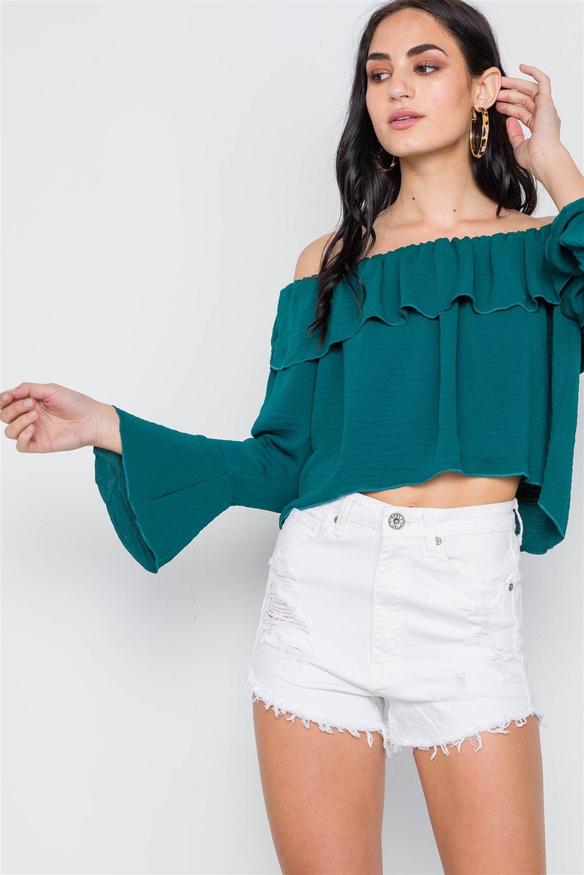 Emerald Green Off-The-Shoulder Bell Sleeve Top /2-2-1