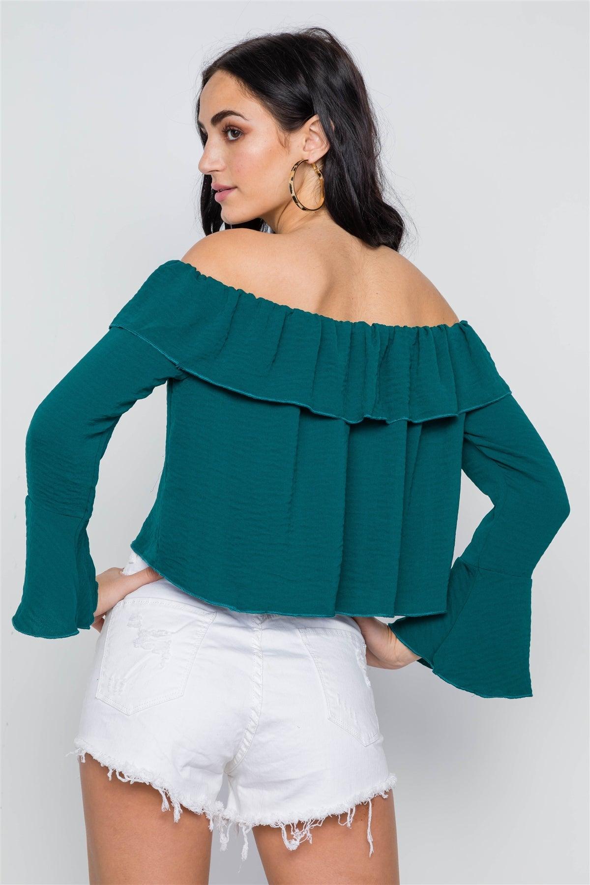 Emerald Green Off-The-Shoulder Bell Sleeve Top /2-2-1