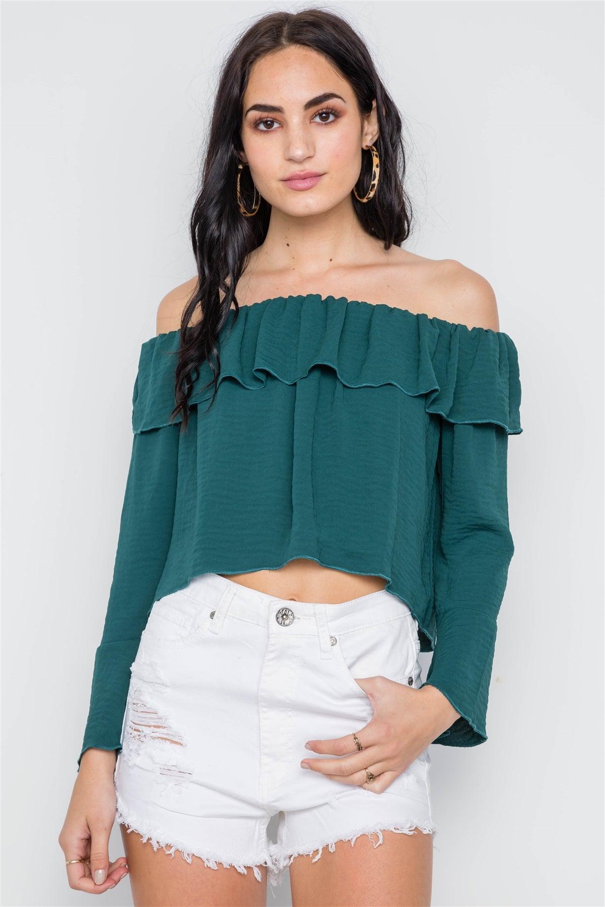 Emerald Green Off-The-Shoulder Bell Sleeve Top /2-2-1