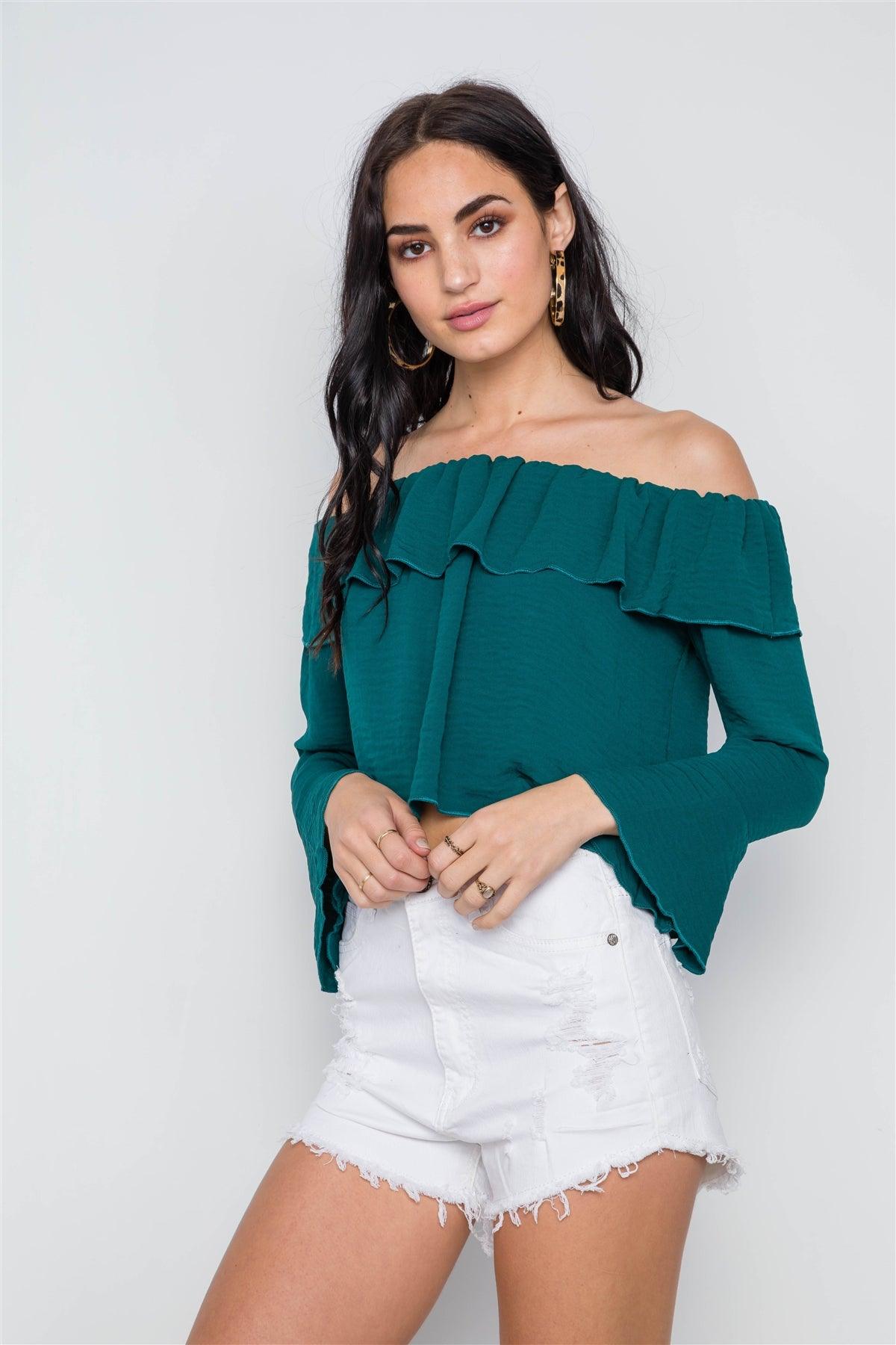 Emerald Green Off-The-Shoulder Bell Sleeve Top /2-2-1