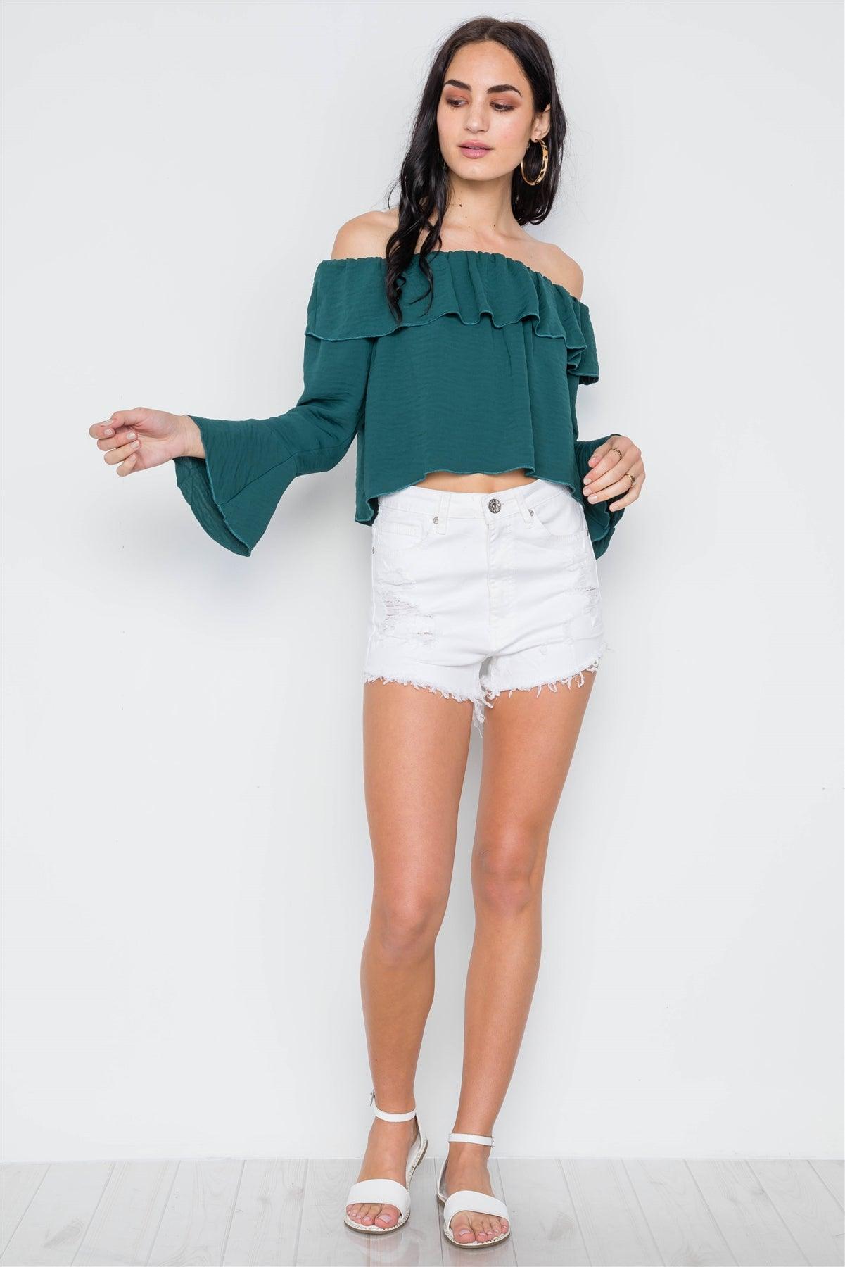 Emerald Green Off-The-Shoulder Bell Sleeve Top /2-2-1