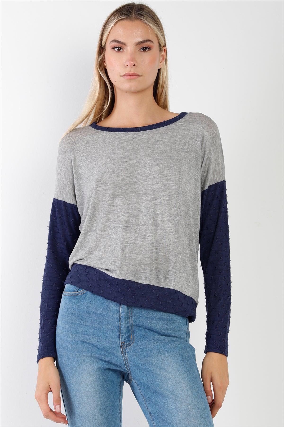 Lightweight Knit Grey Navy Distress Detailing Top /1-2-2