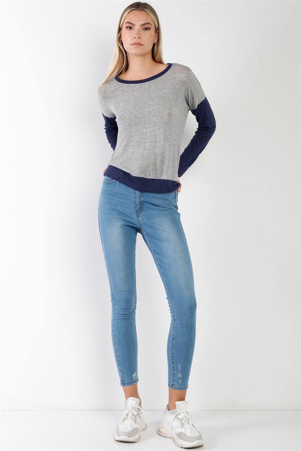 Lightweight Knit Grey Navy Distress Detailing Top /1-2-2