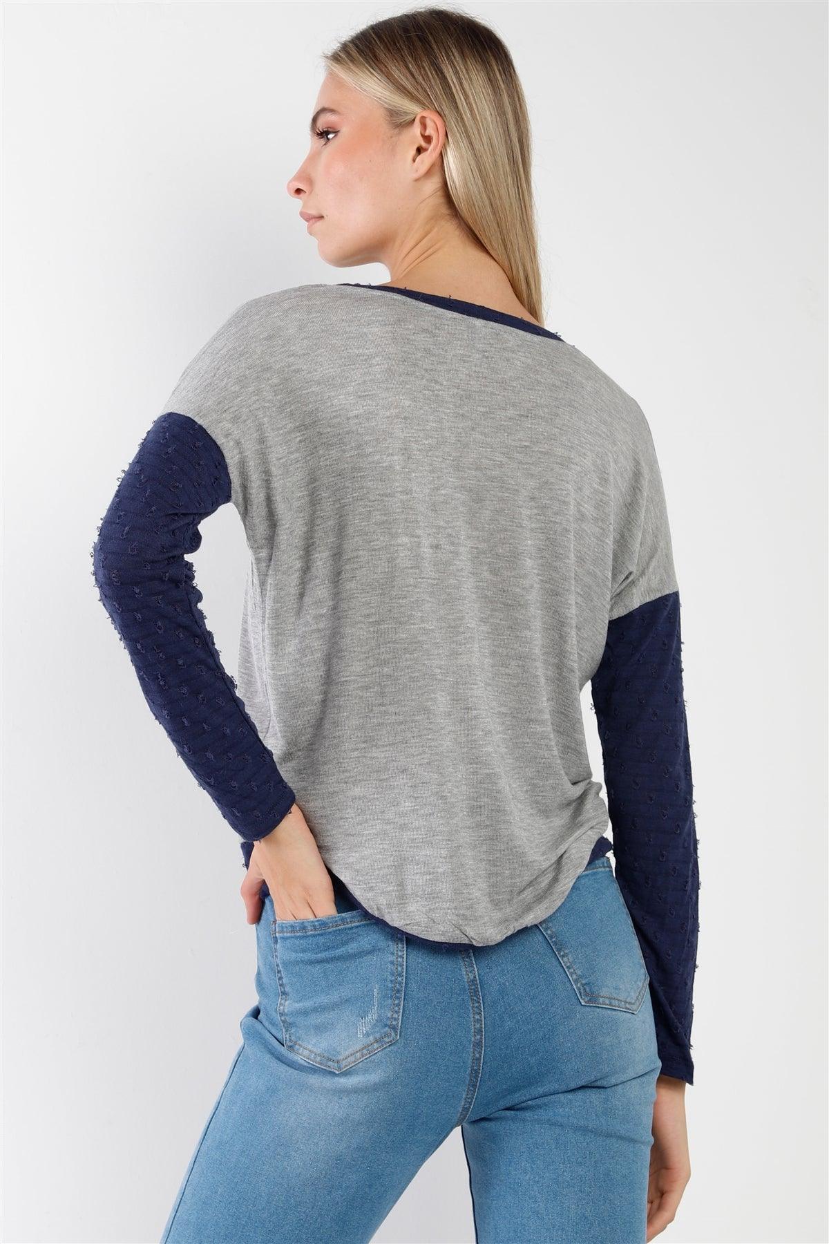 Lightweight Knit Grey Navy Distress Detailing Top /1-2-2