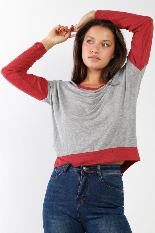 Lightweight Knit Grey Red Distress Detailing Top /2-2-2