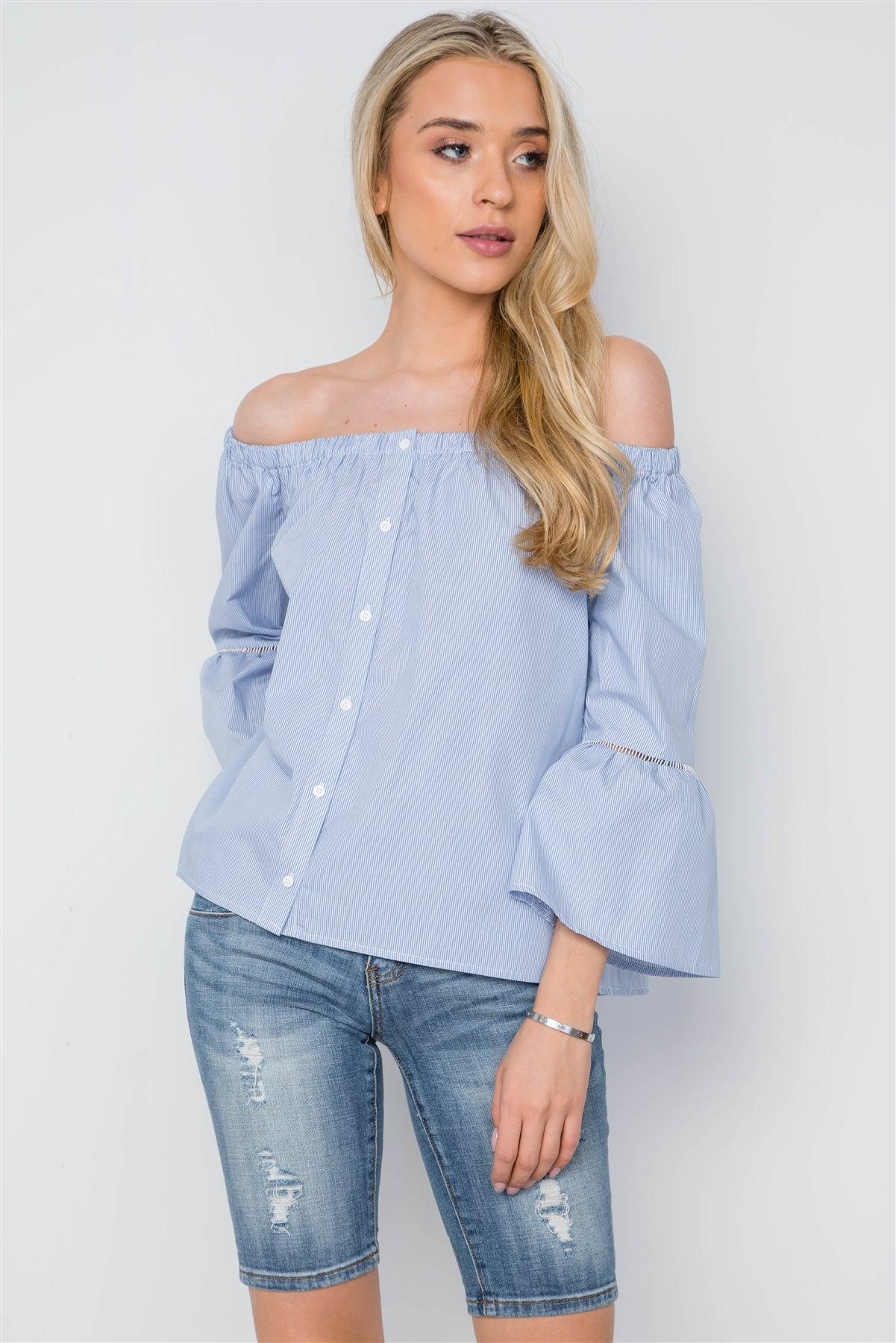 Blue White Stripe Off-The-Shoulder Button Down Boho Top /1-2-2-1