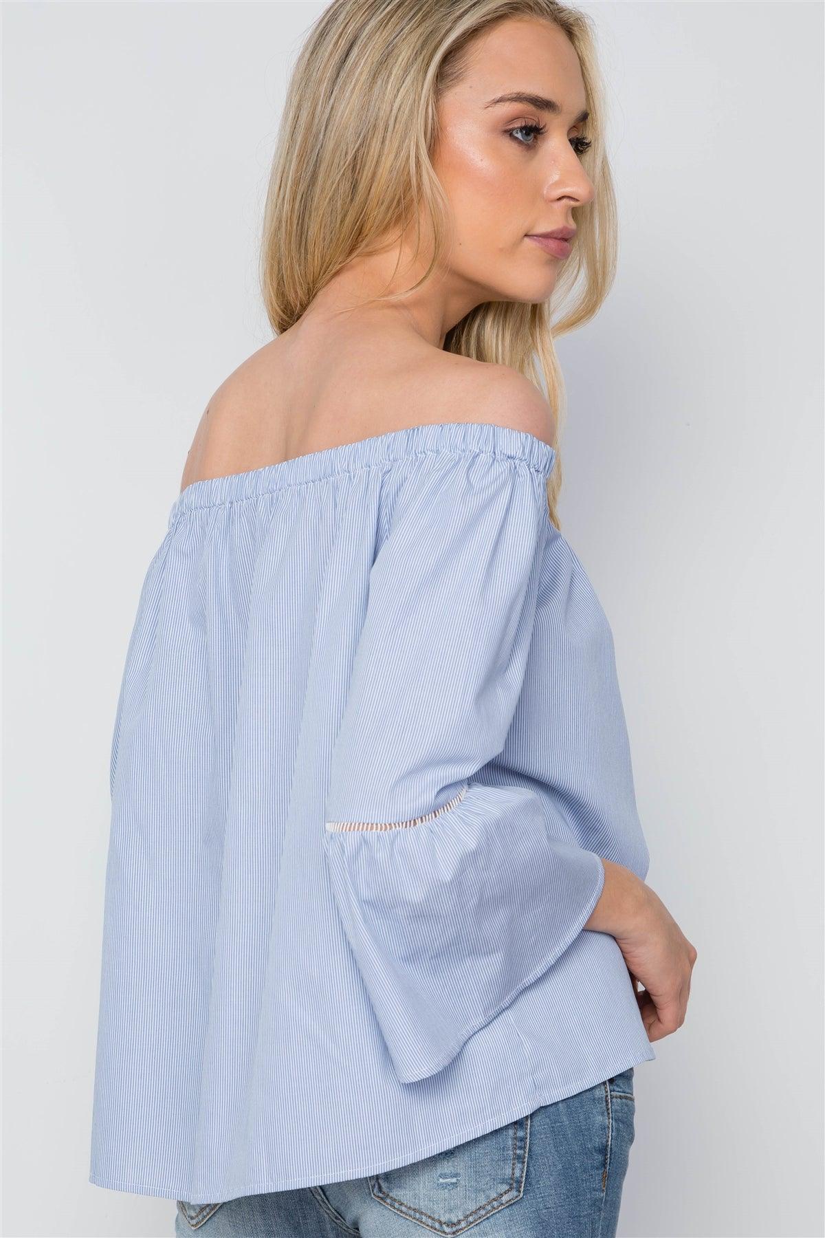 Blue White Stripe Off-The-Shoulder Button Down Boho Top /1-2-2-1