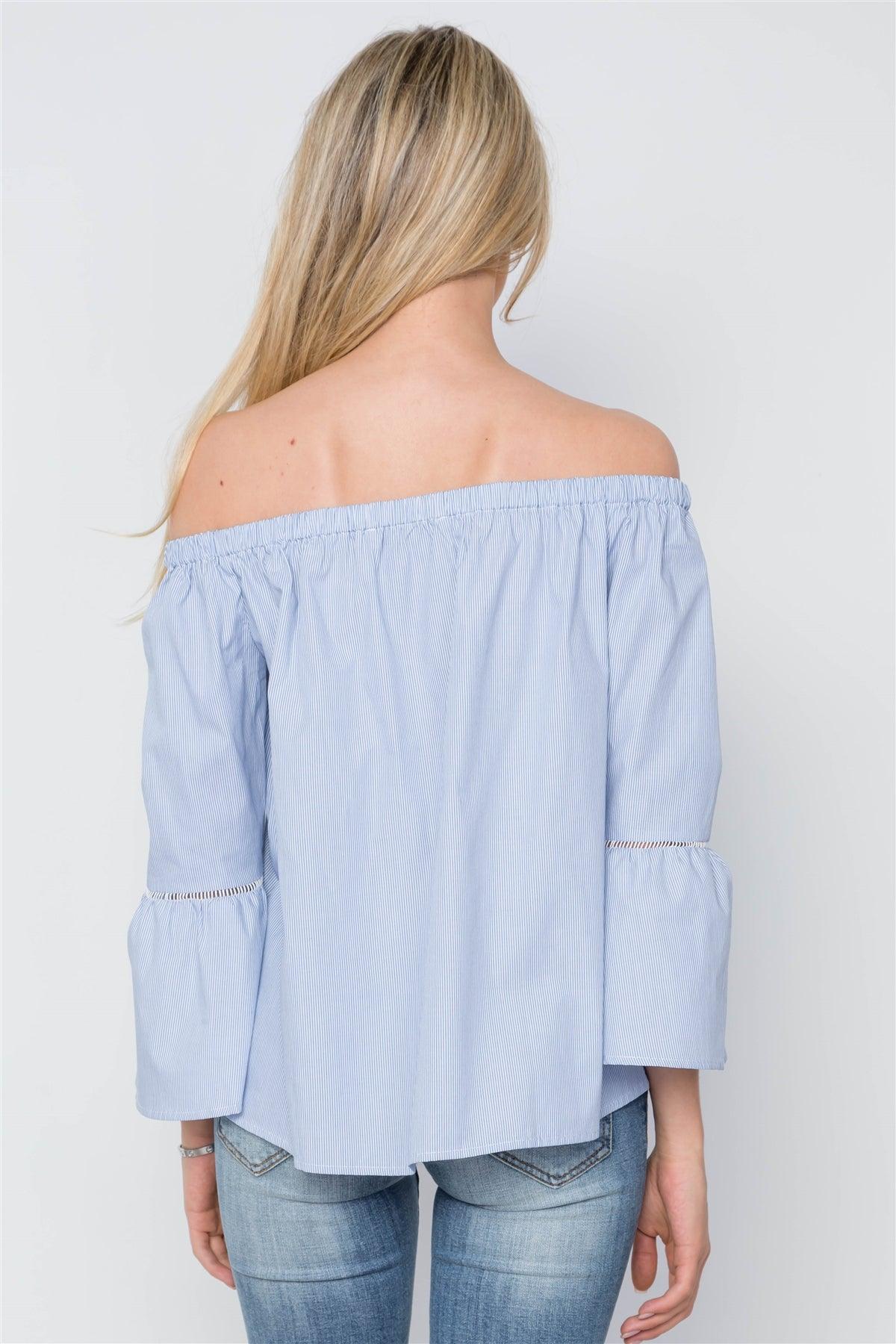 Blue White Stripe Off-The-Shoulder Button Down Boho Top /1-2-2-1