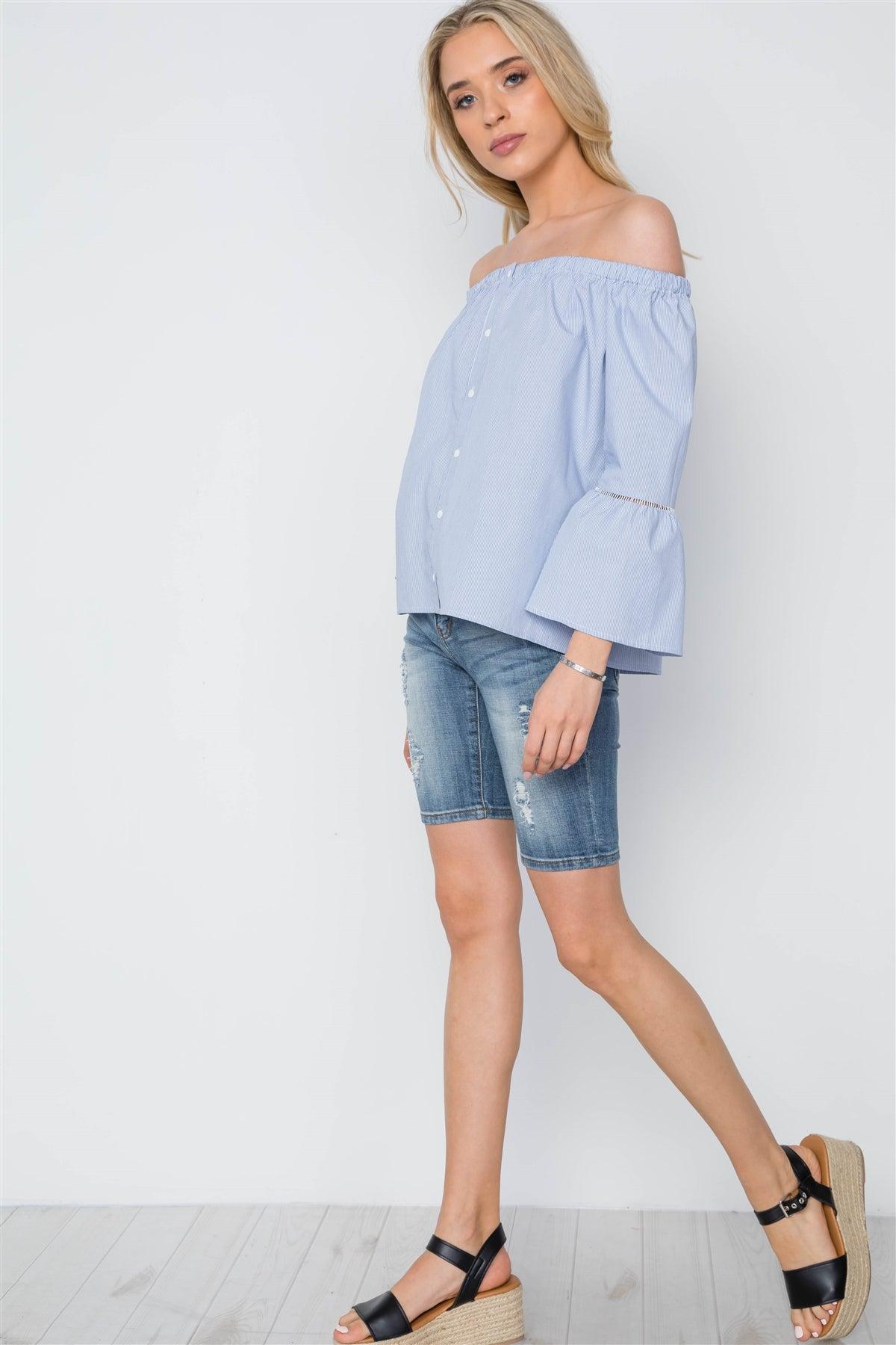 Blue White Stripe Off-The-Shoulder Button Down Boho Top /1-2-2-1