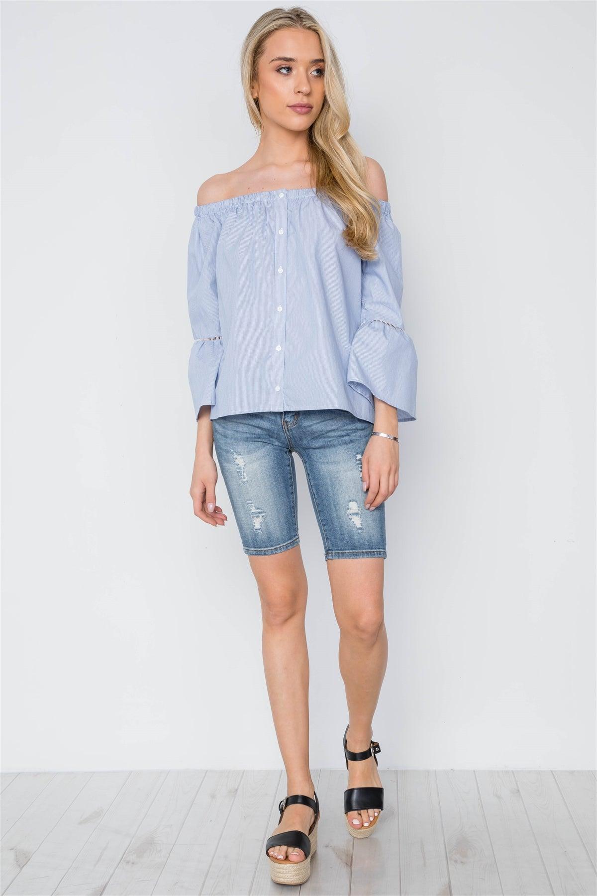 Blue White Stripe Off-The-Shoulder Button Down Boho Top /1-2-2-1