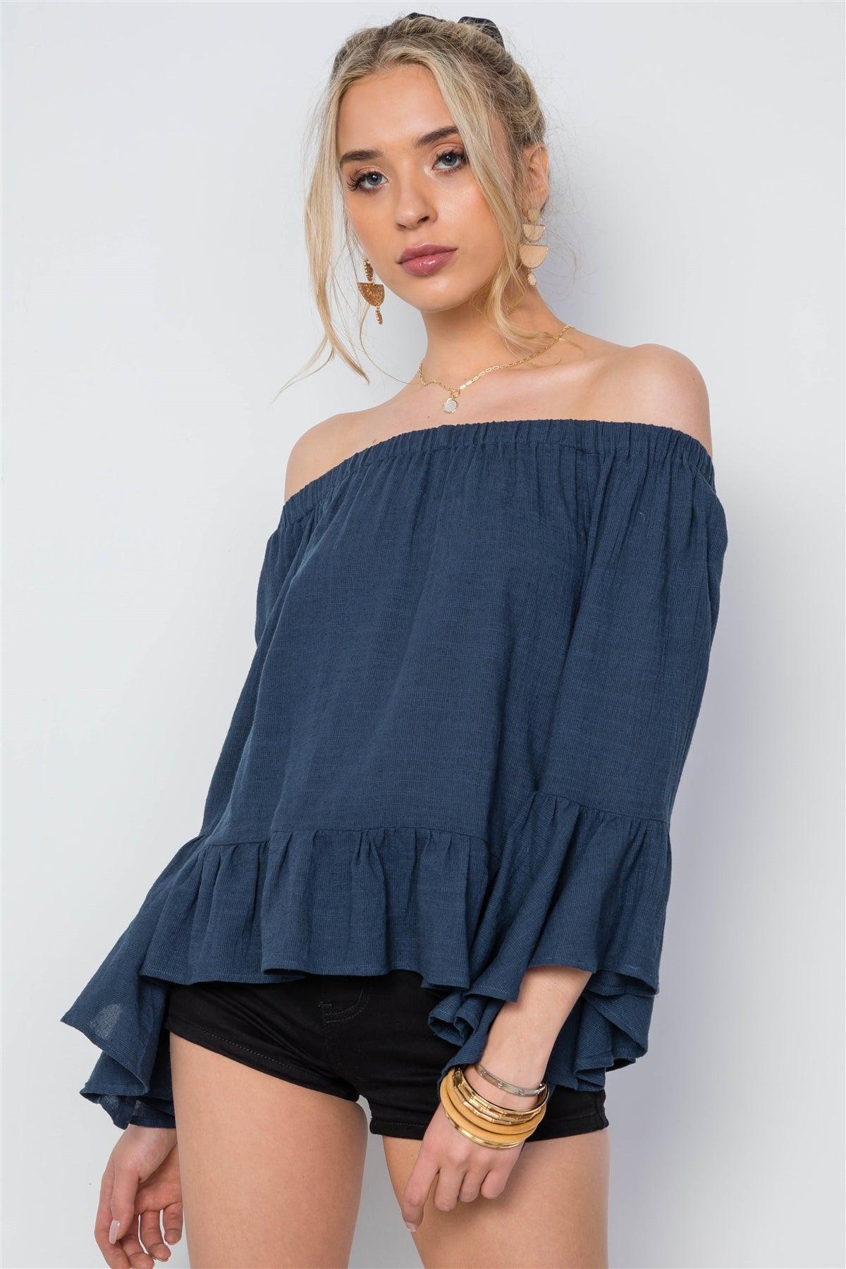 Navy Off-The-Shoulder Bell Sleeves Flounce Top /1-2-2-1