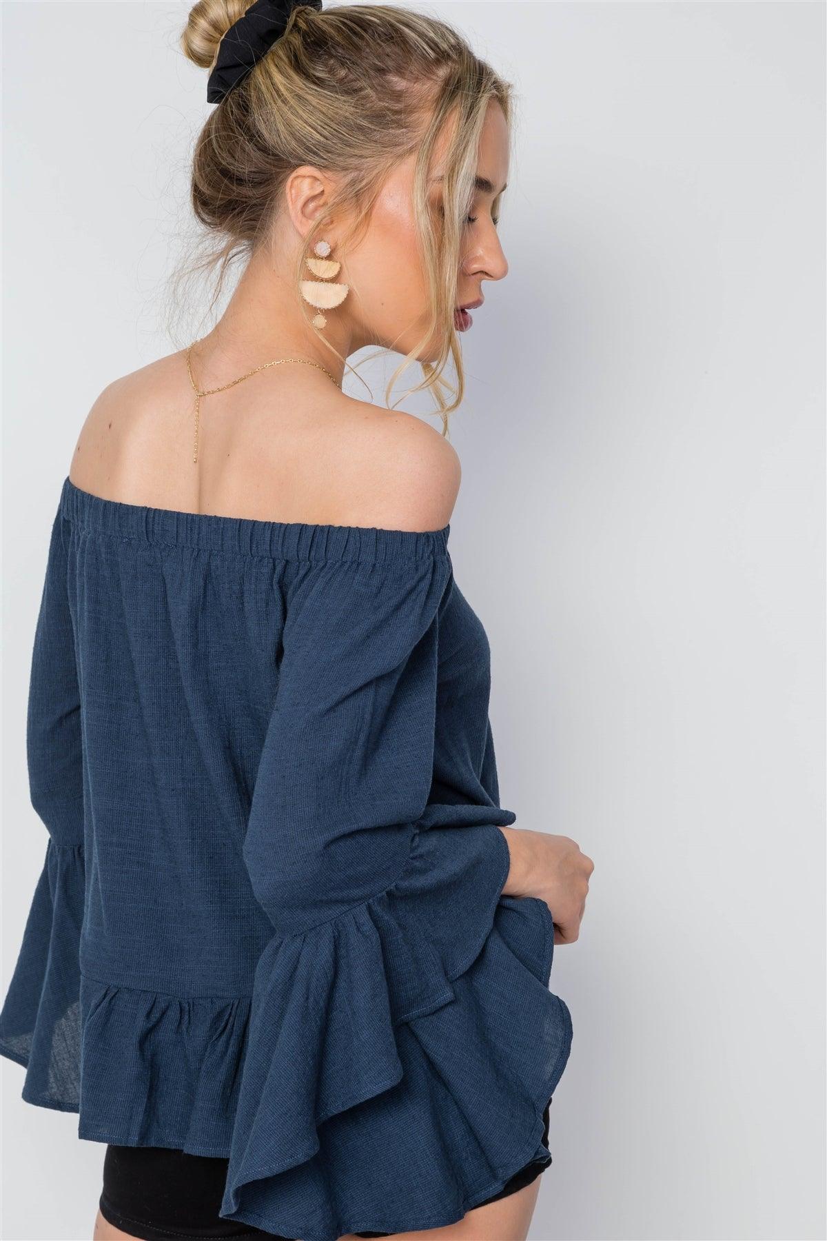 Navy Off-The-Shoulder Bell Sleeves Flounce Top /1-2-2-1