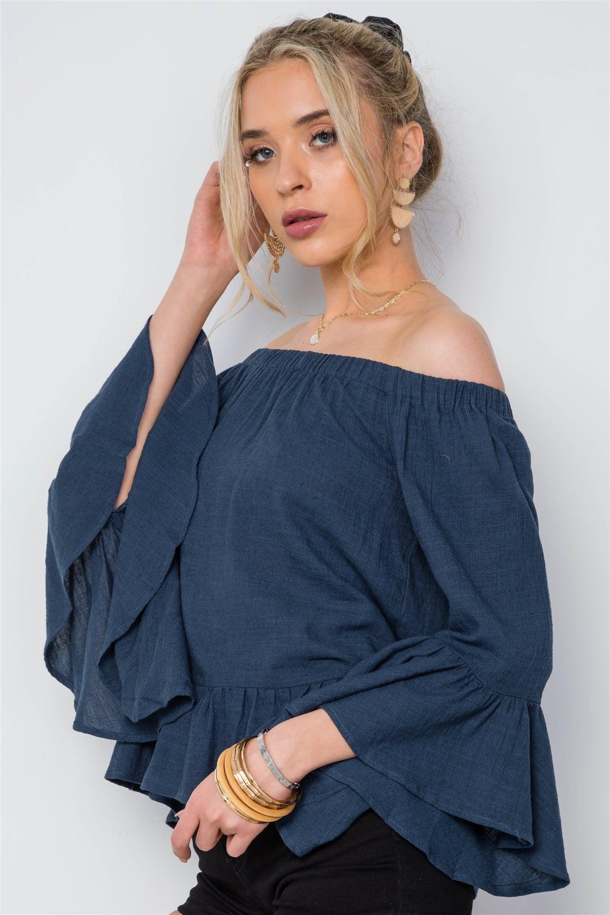 Navy Off-The-Shoulder Bell Sleeves Flounce Top /1-2-2-1