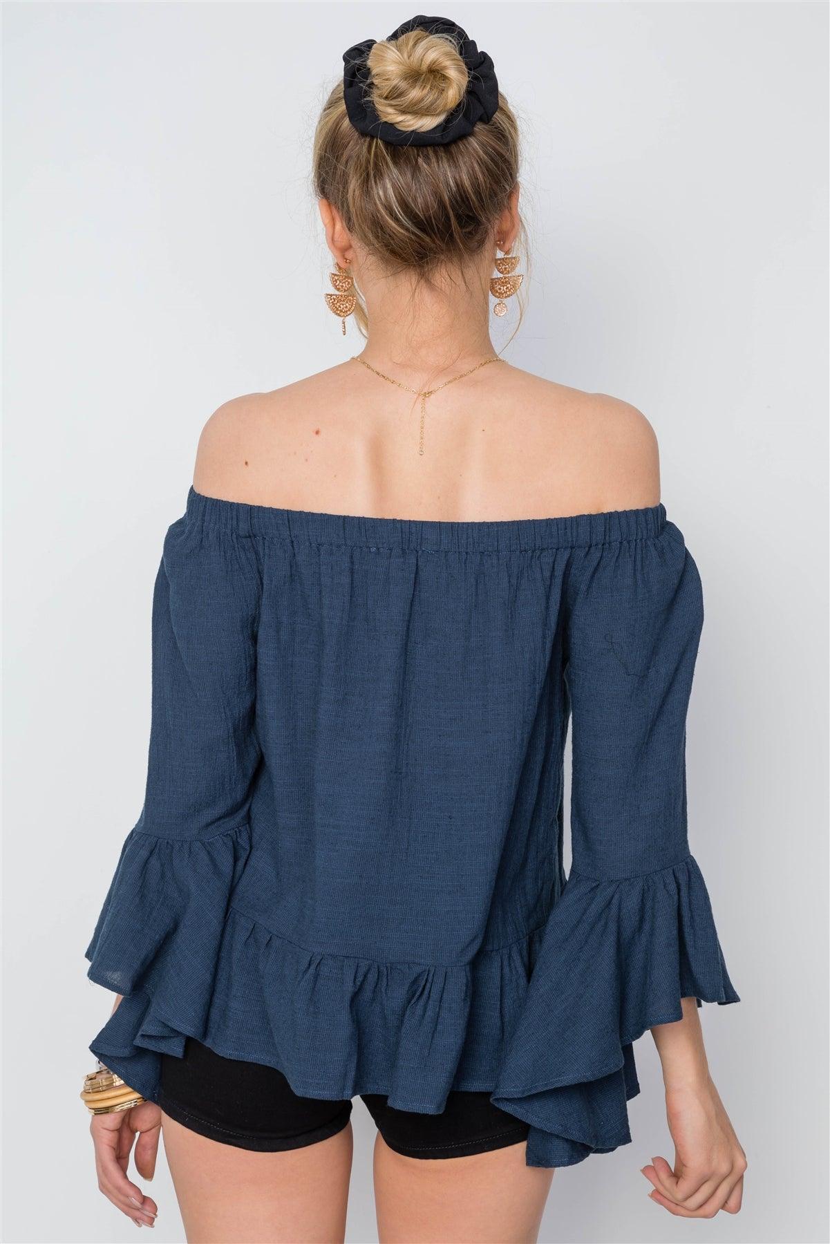 Navy Off-The-Shoulder Bell Sleeves Flounce Top /1-2-2-1