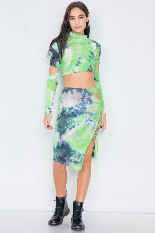 Lime Tie Dye Mock Neck Cut Out Long Sleeve & Mini Lace Up Slit Skirt Set /3-2-1