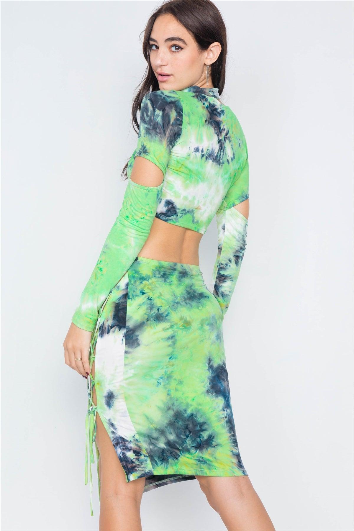 Lime Tie Dye Mock Neck Cut Out Long Sleeve & Mini Lace Up Slit Skirt Set /3-2-1