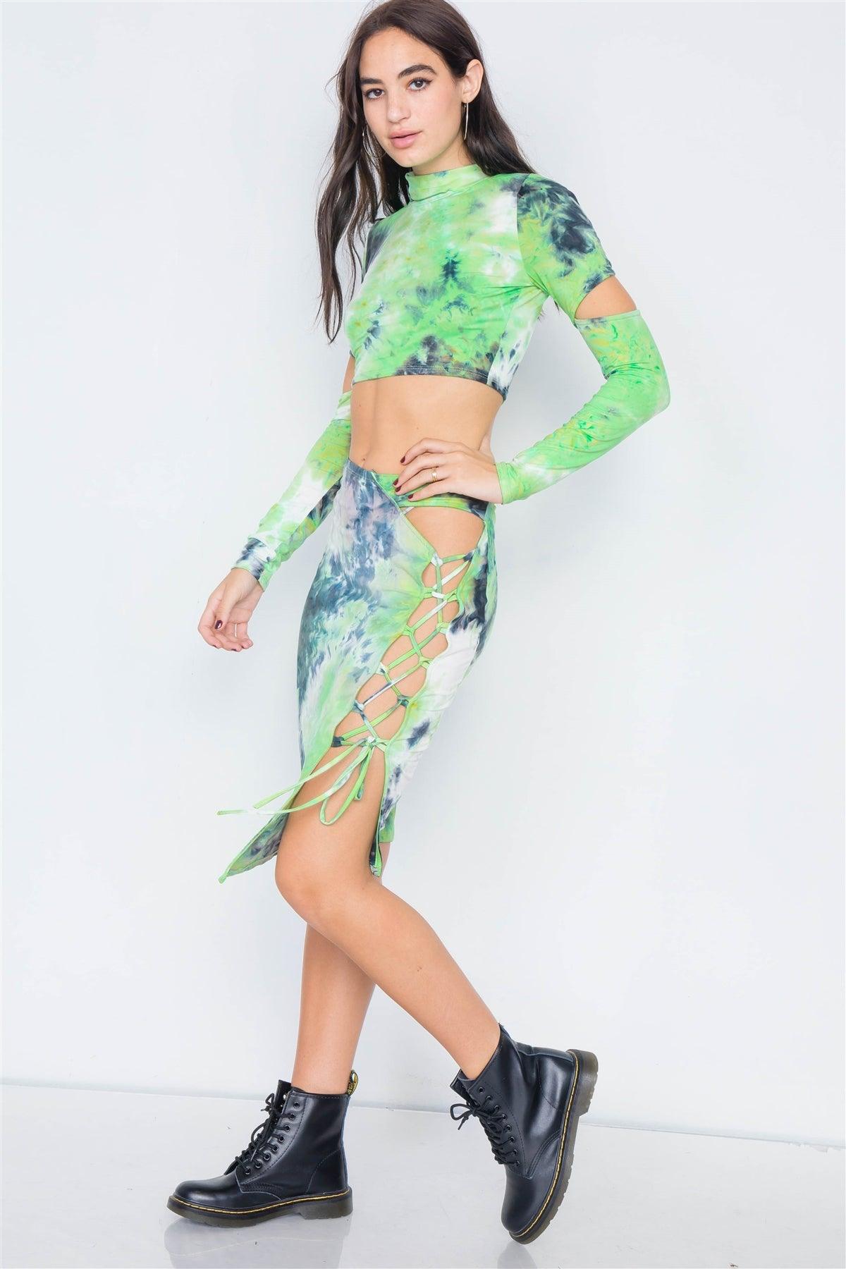 Lime Tie Dye Mock Neck Cut Out Long Sleeve & Mini Lace Up Slit Skirt Set /3-2-1