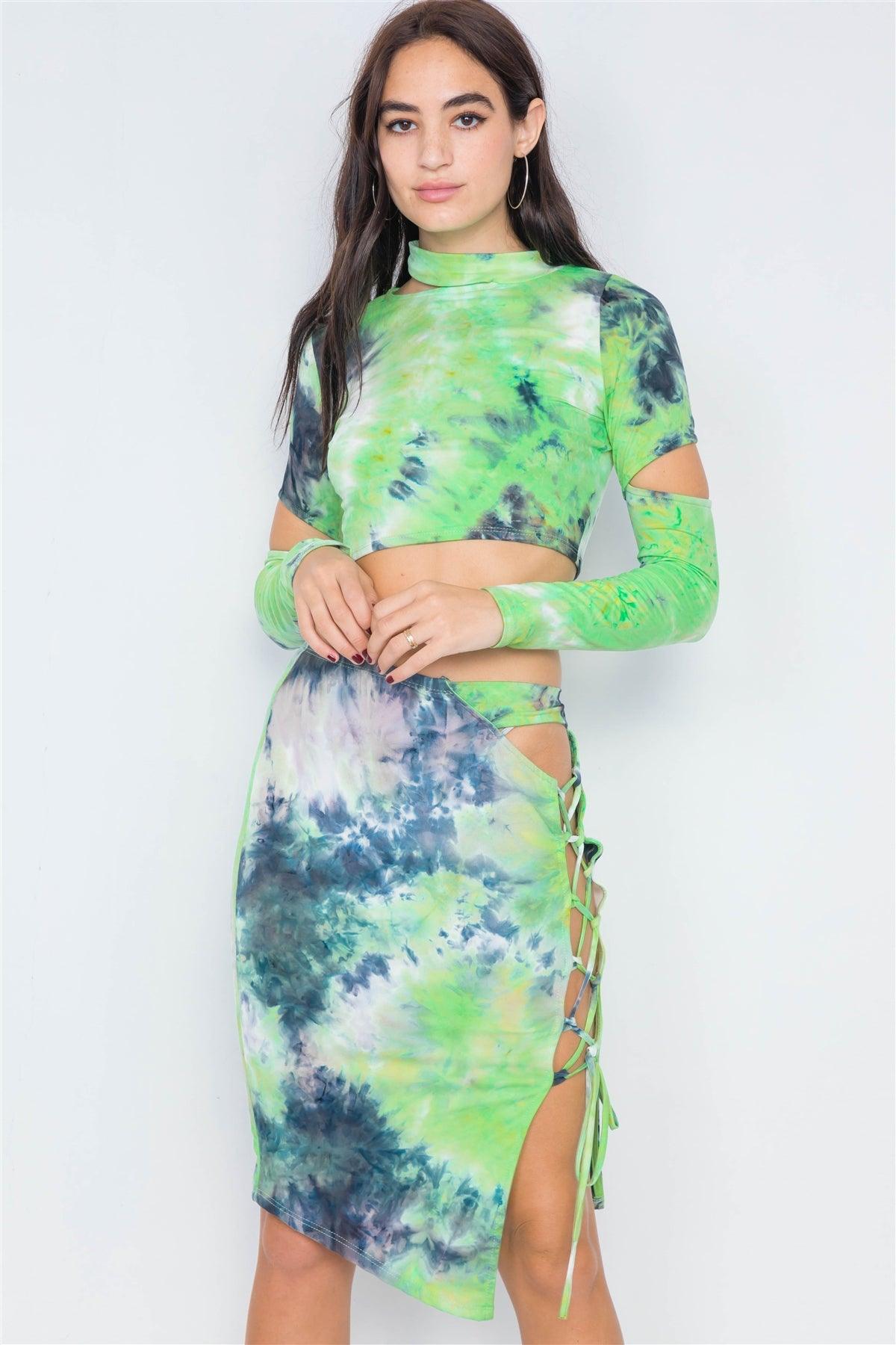 Lime Tie Dye Mock Neck Cut Out Long Sleeve & Mini Lace Up Slit Skirt Set /3-2-1