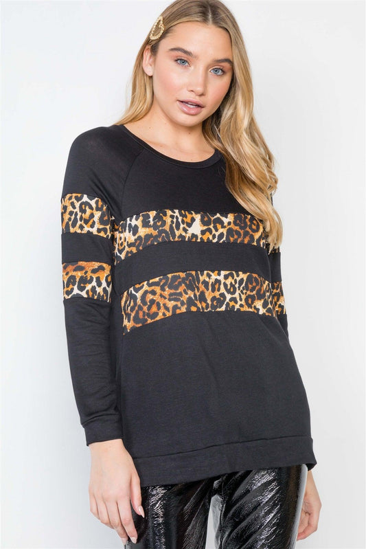 Black Stripe Animal Print Casual Knit Sweater /2-2-2