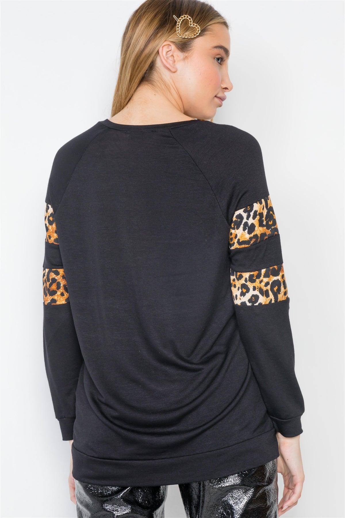 Black Stripe Animal Print Casual Knit Sweater /2-2-2