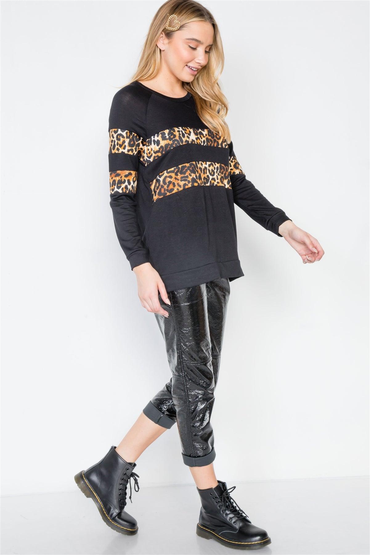 Black Stripe Animal Print Casual Knit Sweater /2-2-2