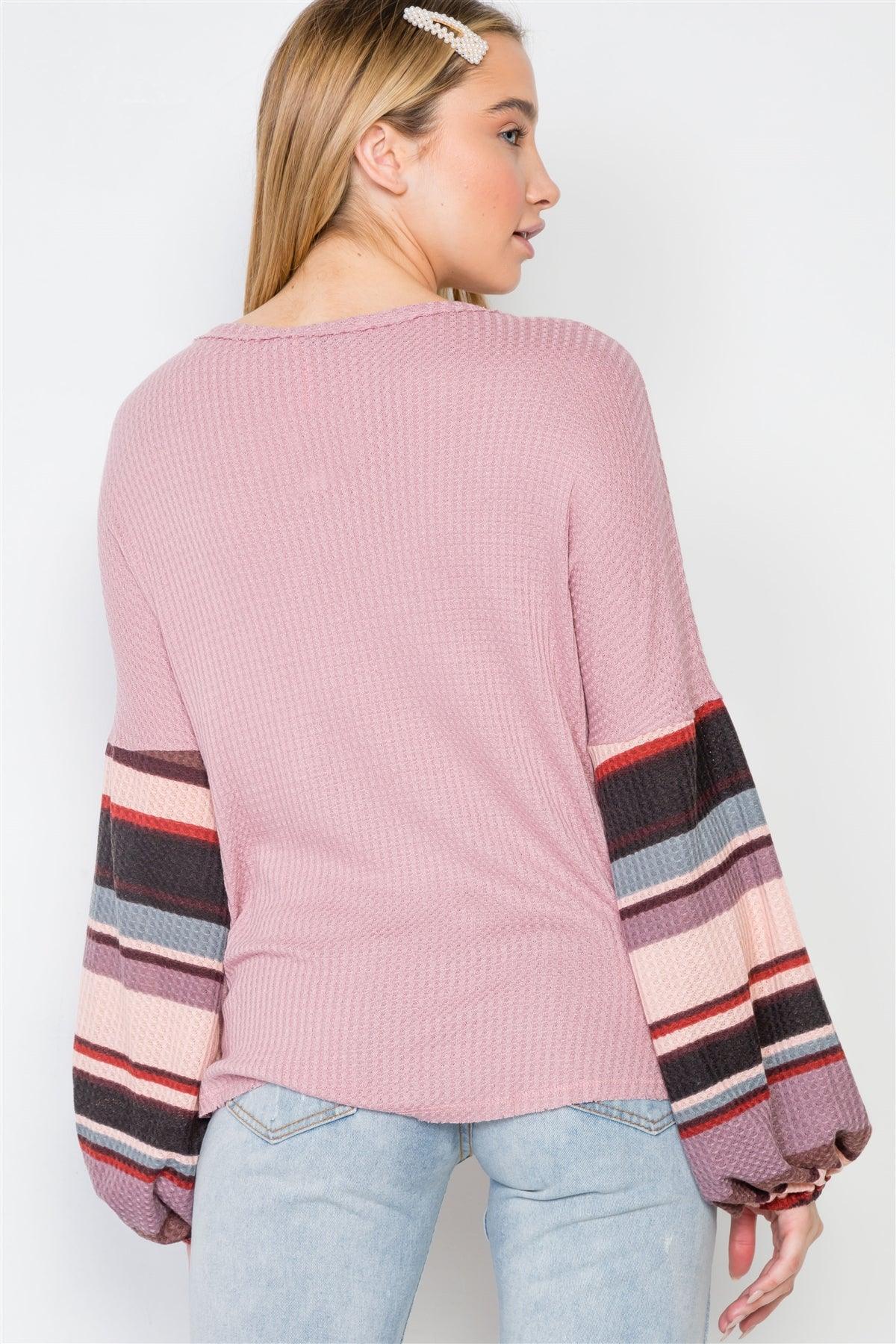 Mauve Contrast Sleeves Strip Knit Combo Sweater /2-2-2