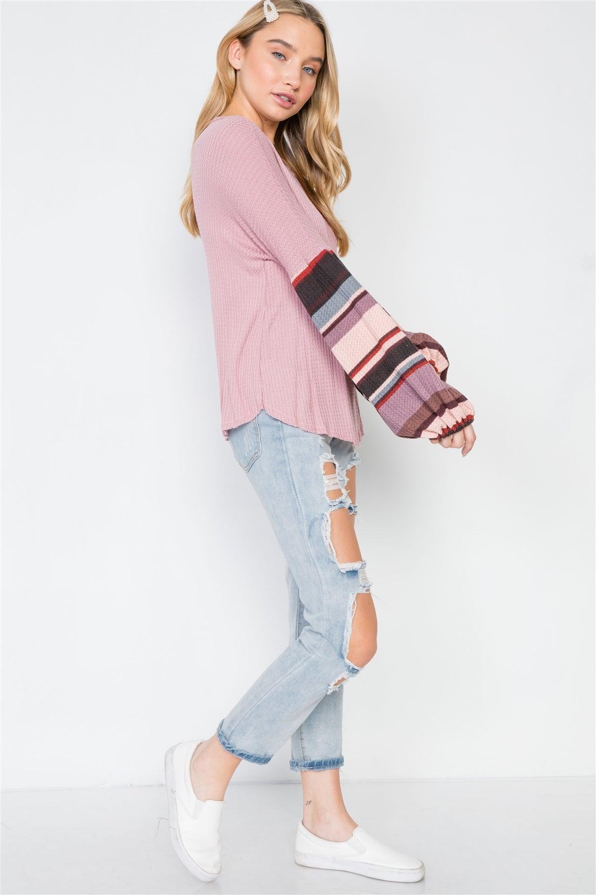 Mauve Contrast Sleeves Strip Knit Combo Sweater /2-2-2